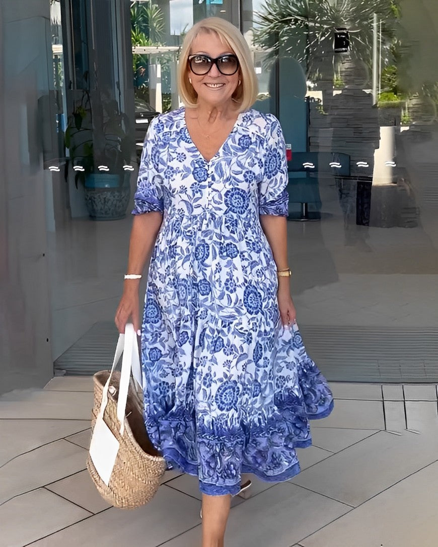 Keisha floral maxi dress in blue, walking front view