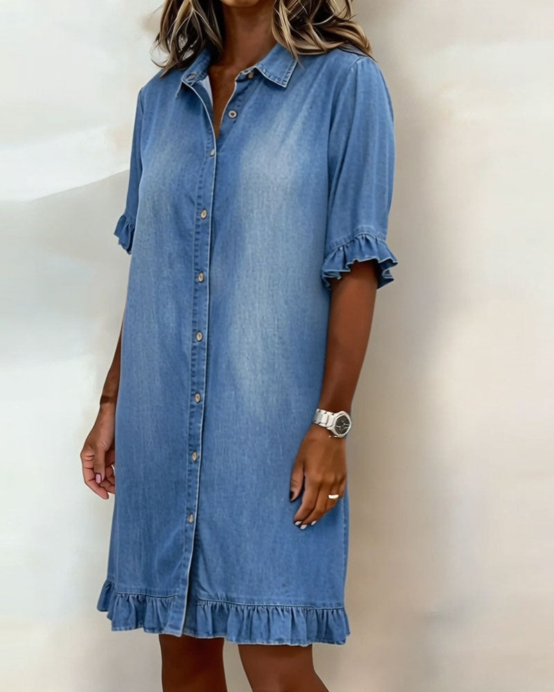 Maria denim shirt dress in blue, three-quarter front view