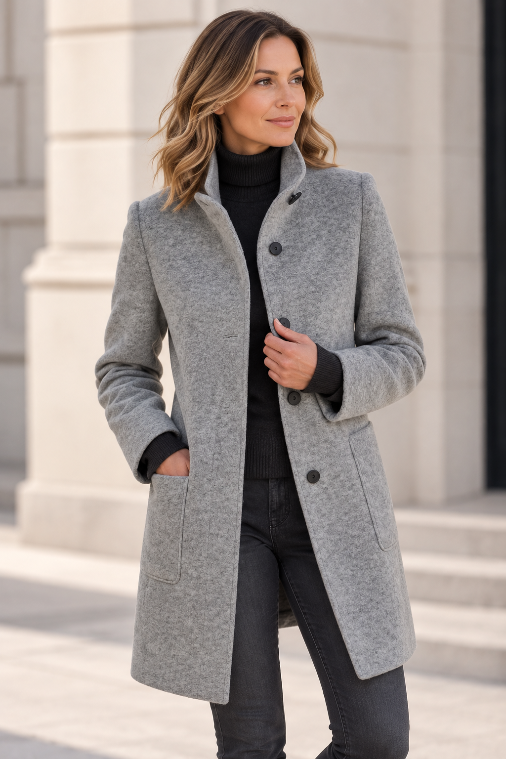 Leonora classic stand-collar coat in grey, front view with patch pockets