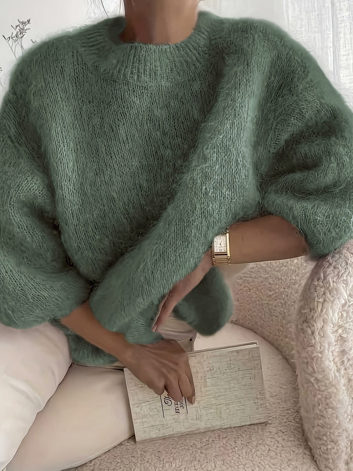 Ember crew neck sweater in army green, oversized front view