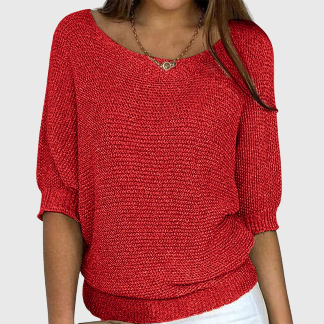 Sofia elegant knit sweater in red, front view with off-shoulder neckline
