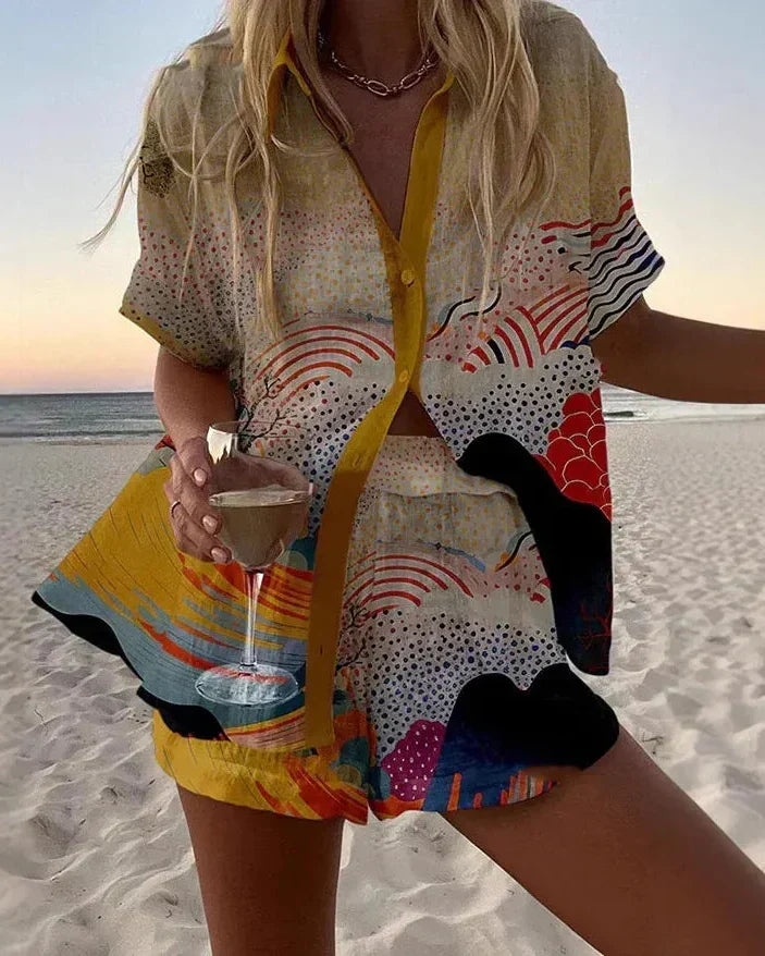 Kyoto summer co-ord set in cream multicolour print, front view on the beach