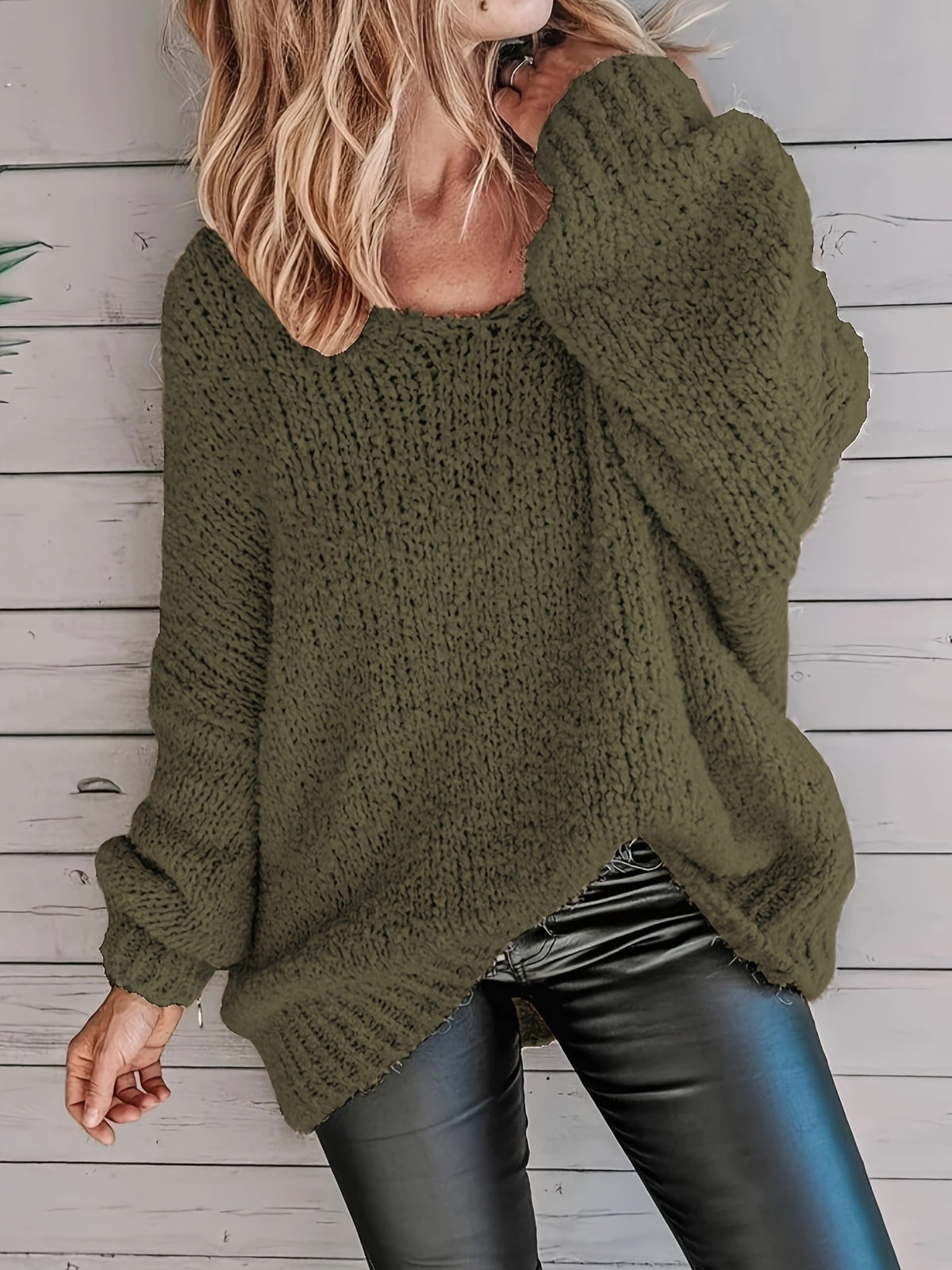 Noraya round neck sweater in army green, front view on model