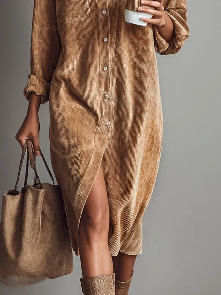 Béatrice corduroy midi dress in camel, close-up of button front and hem slit