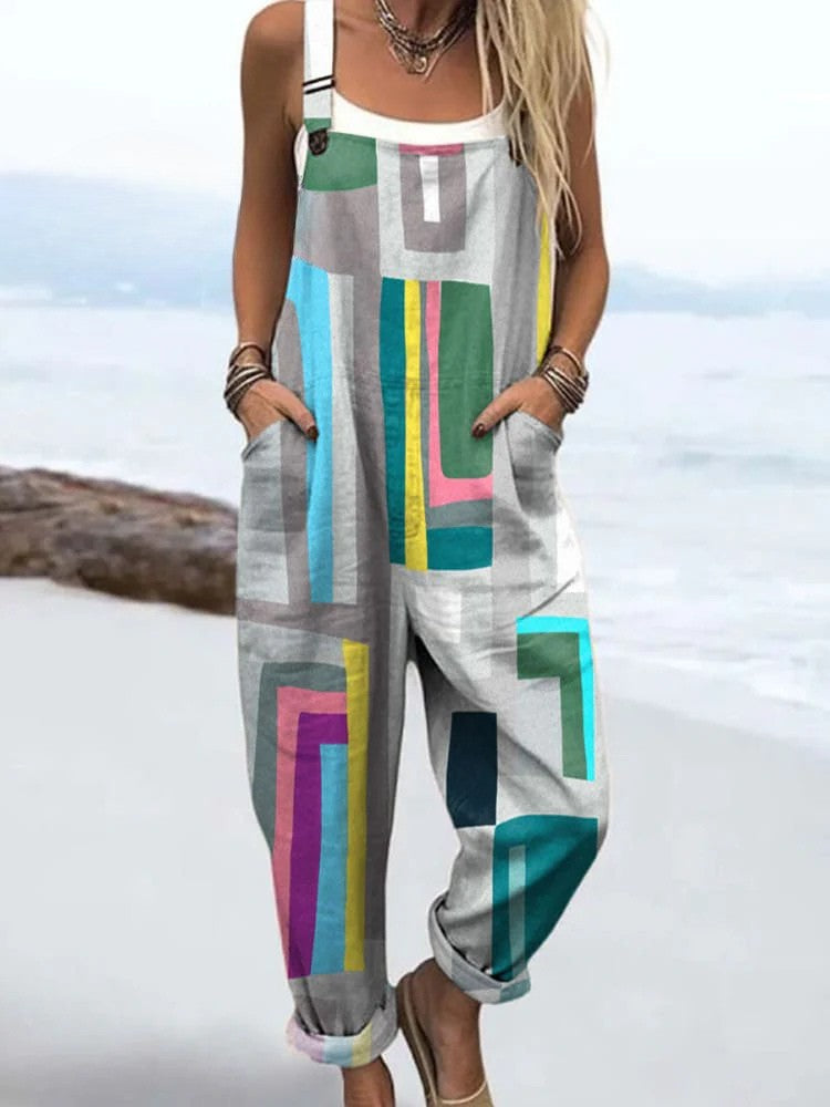 Block Party dungarees in multicoloured geometric block print, full-length front view