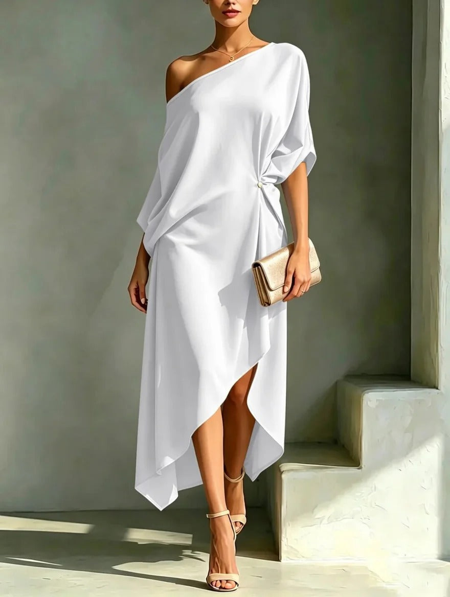 Camila asymmetrical midi dress in white, full-length front view