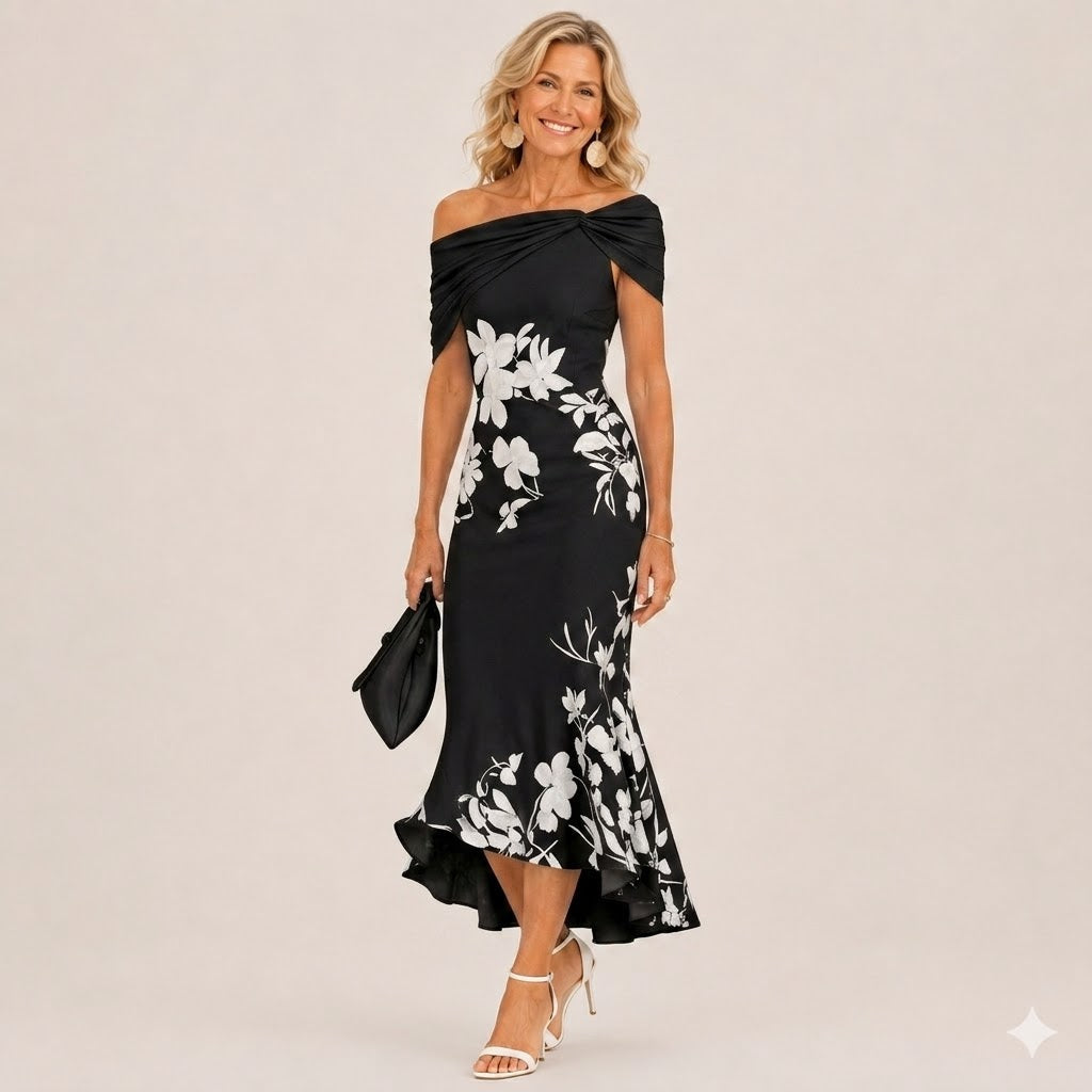 Althea floral contour midi dress in black, full-length front view