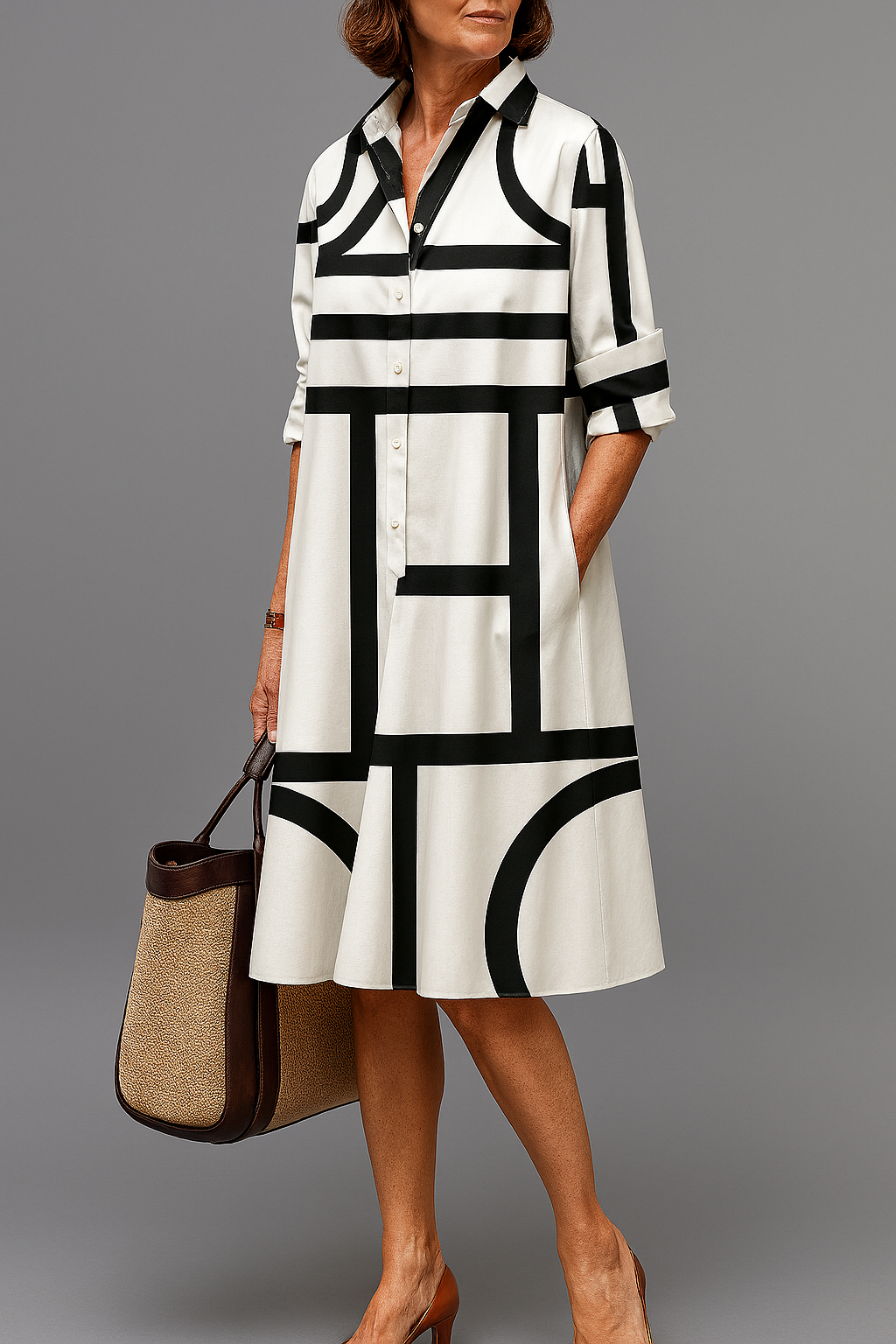 Ellie midi shirt dress in white with black geometric print, full-length front view