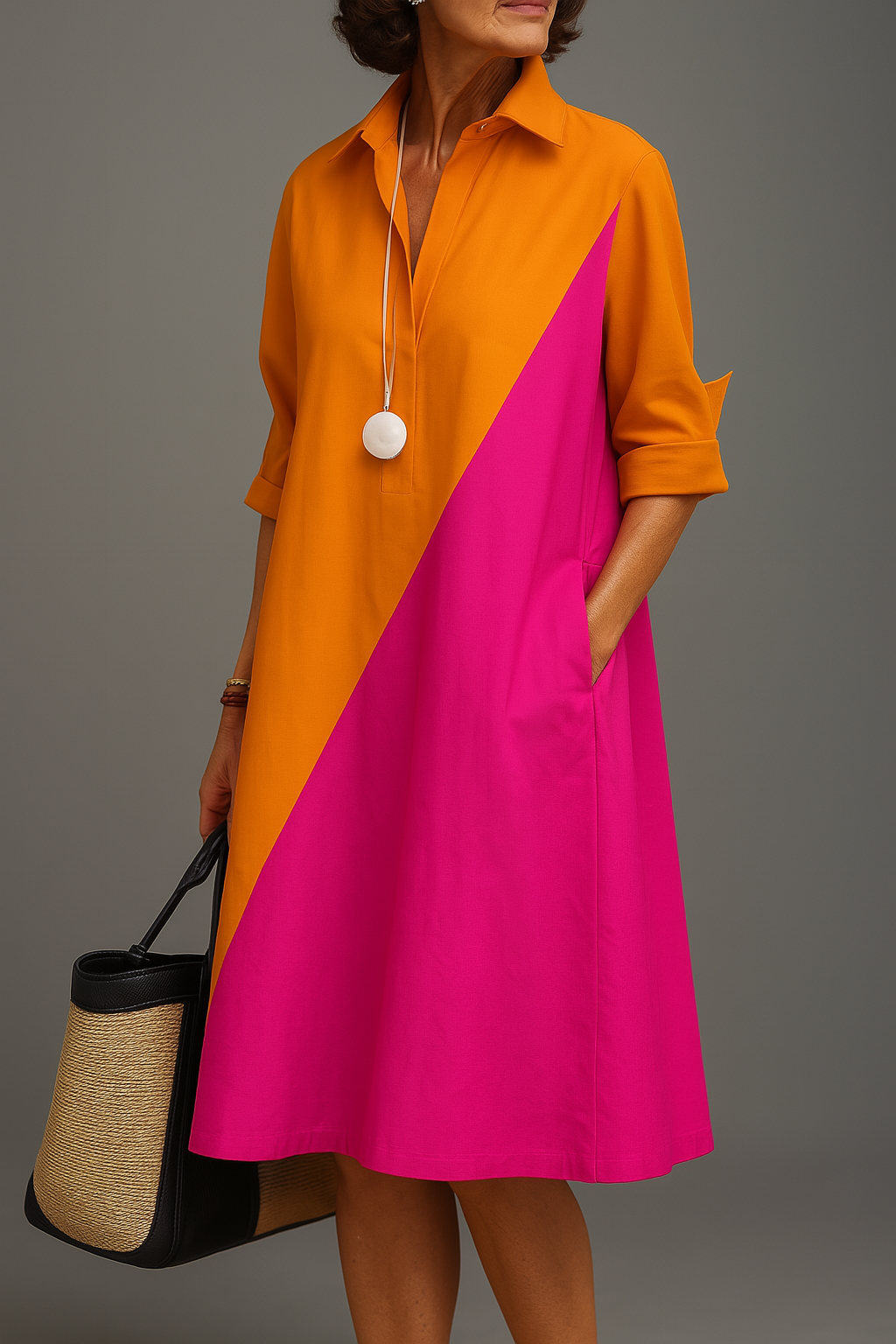 Olivelle midi dress in orange and pink colour-block, full-length front view