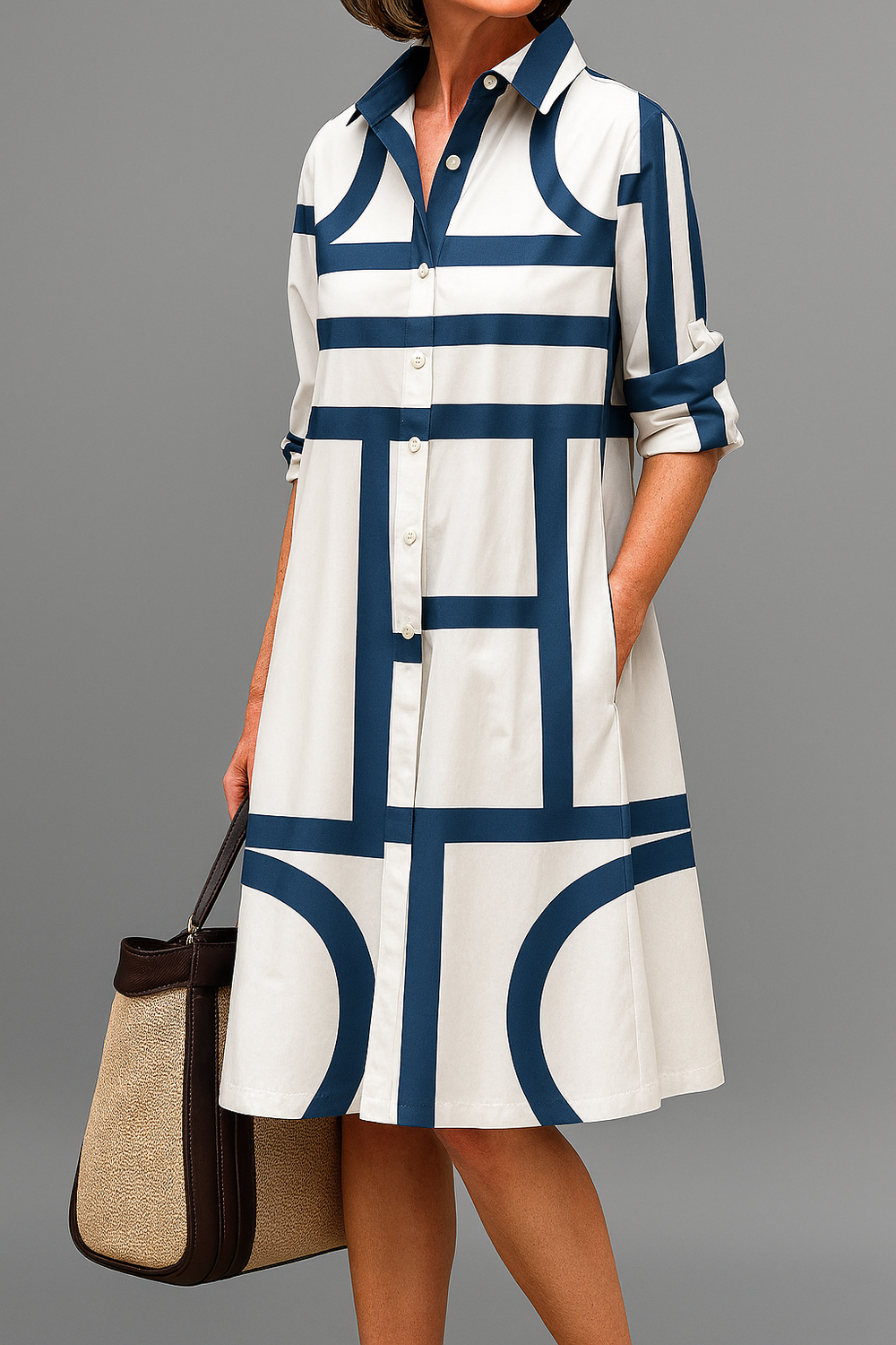 Sora midi shirt dress in white and blue geometric print, front view with side pocket