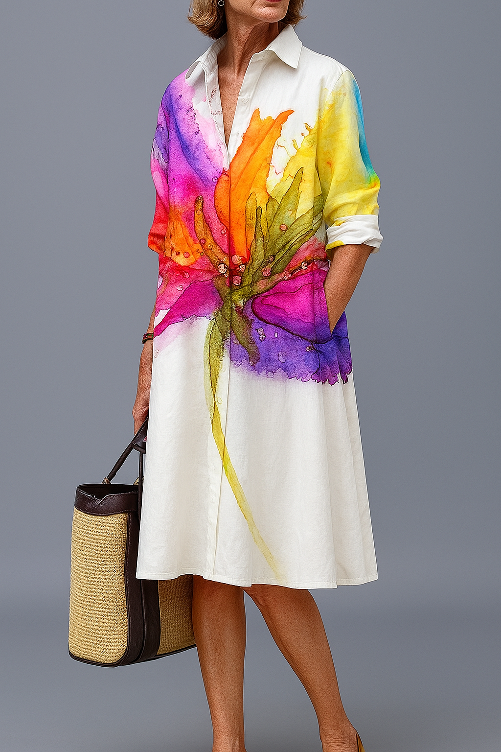 Lydia elegant midi dress in white with multicolour watercolour floral print, full-length front view