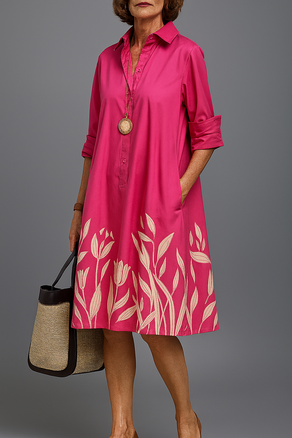 Graciela midi shirt dress in pink with cream leaf border, full-length front view
