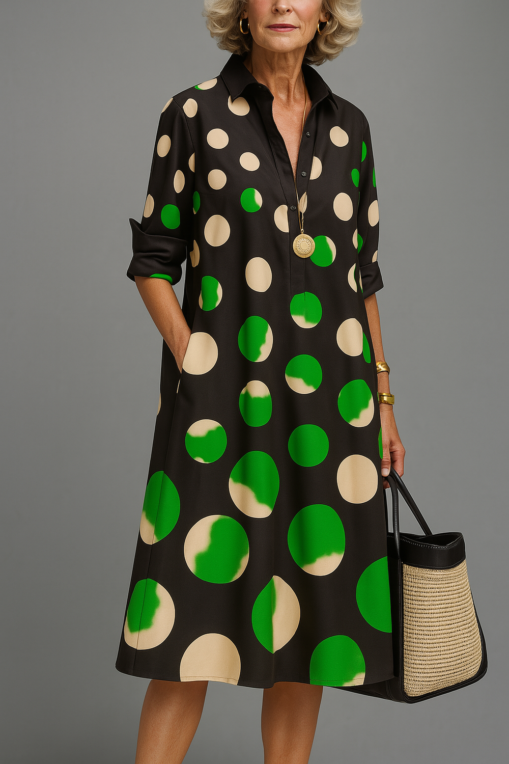 Naire midi dress in black with green and cream spots, full-length front view