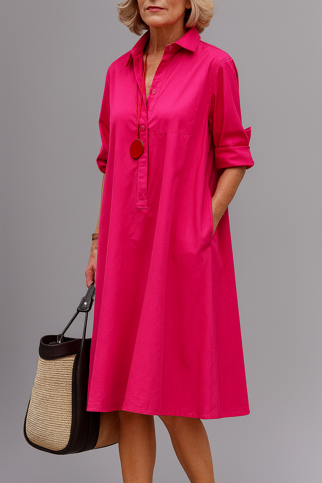 Soléva collared midi dress in pink, full-length front view with turned-back sleeves