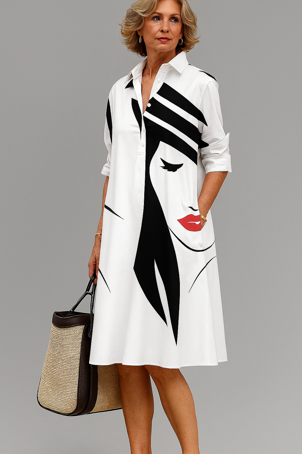 Bona midi dress in white with black line-art face print, full-length front view
