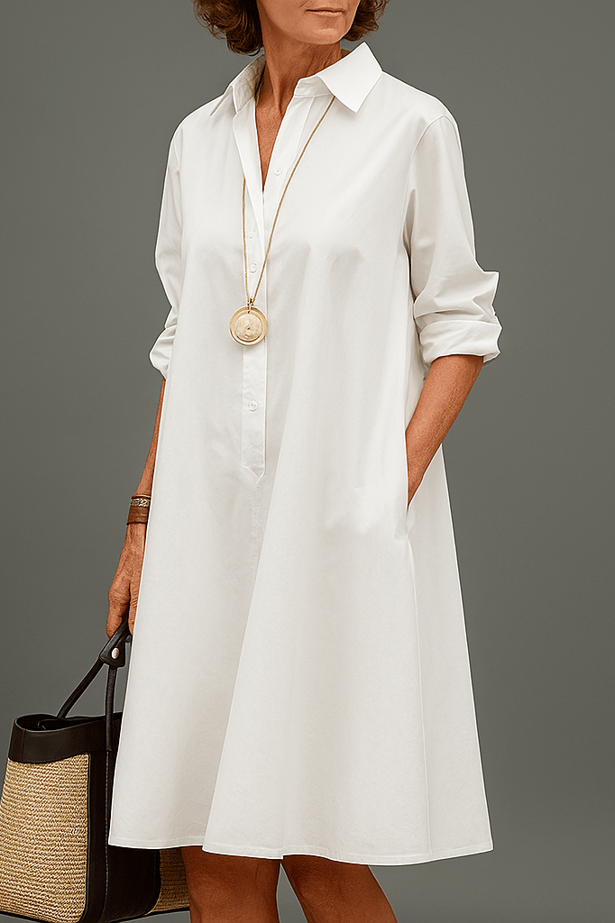 Luvina refined midi dress in white, full-length front view with collar and button placket