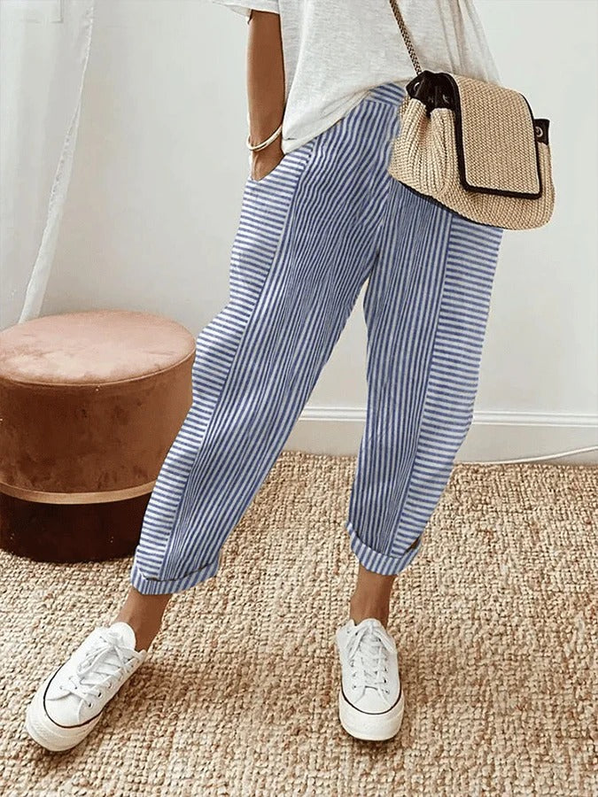 Cosette striped trousers in blue and white, full-length front view