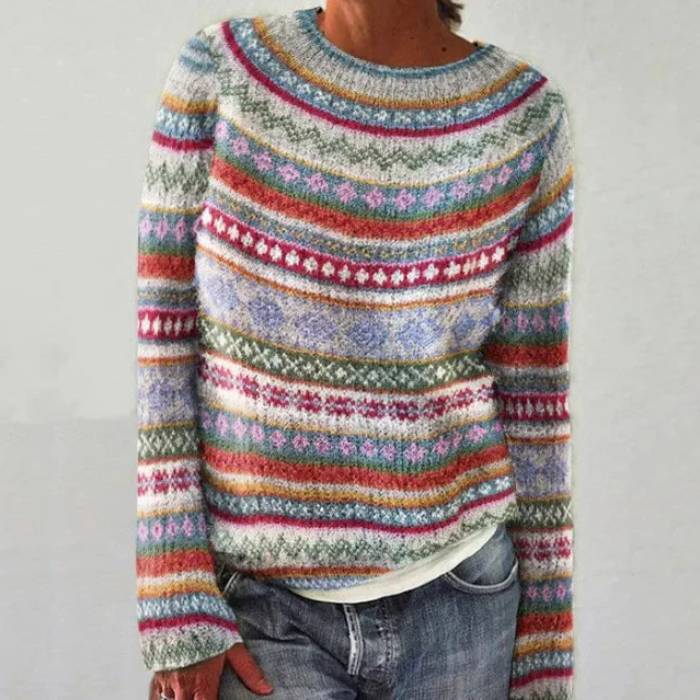 Violet retro Scandinavian knitted sweater in multicoloured Nordic pattern, front view