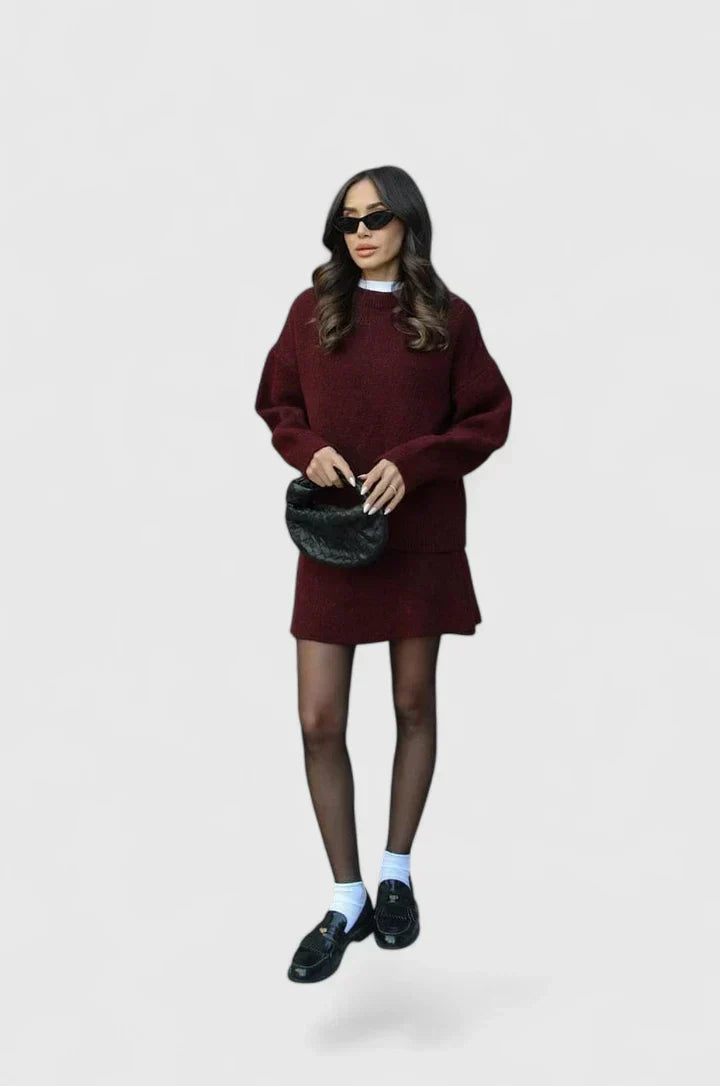 Ximaryell knitted sweater set in burgundy red, full-length view