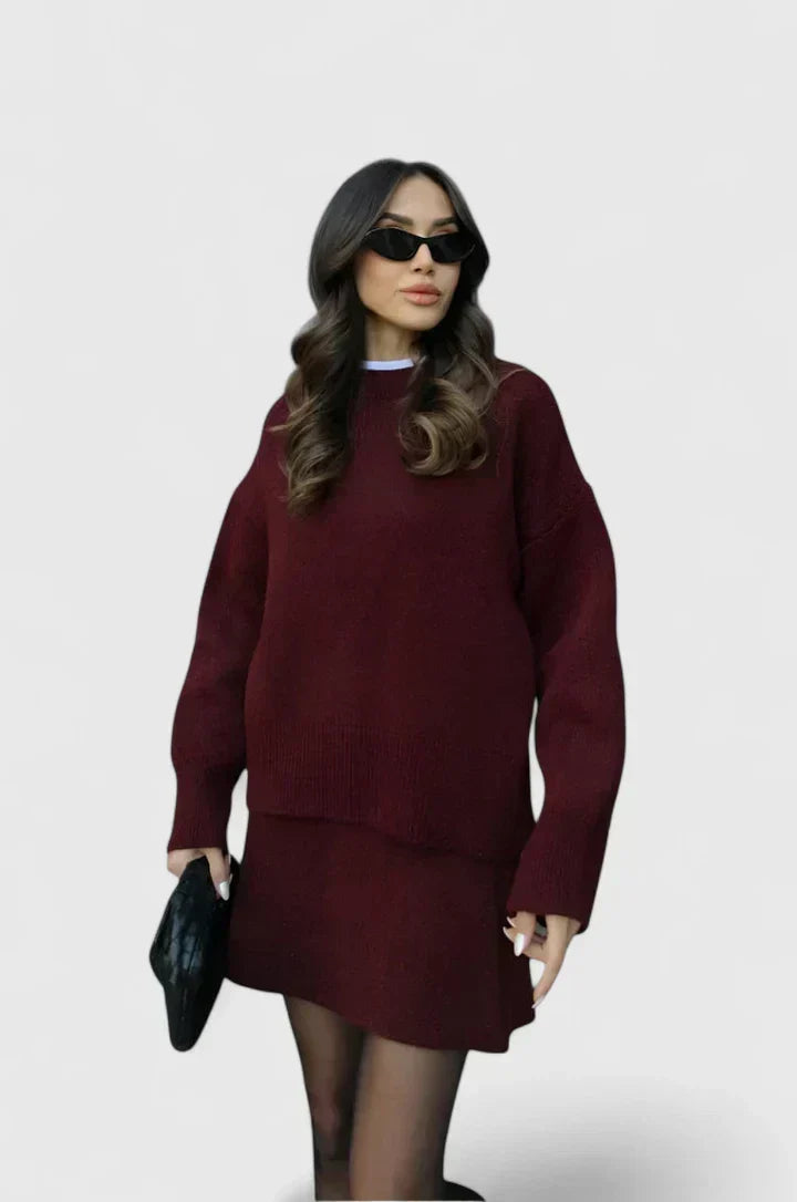 Ximaryell knitted sweater set in burgundy red, close front view