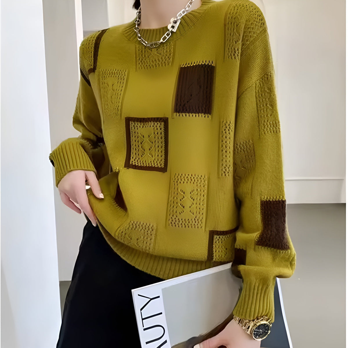 Zaydeanne patchwork sweater in yellow with brown squares, front view