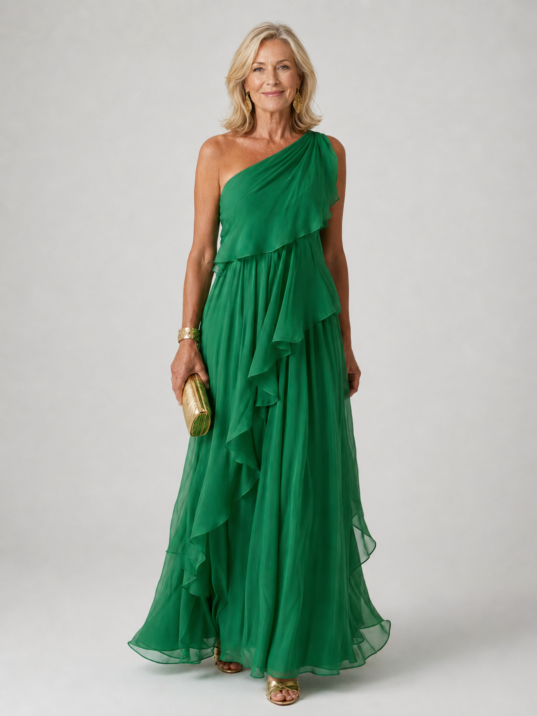 Victoria elegant maxi dress in green, full-length front view