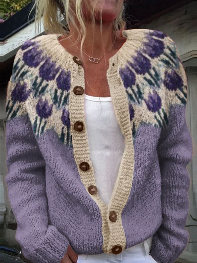 Keira floral knitted cardigan in purple, close-up of the patterned yoke