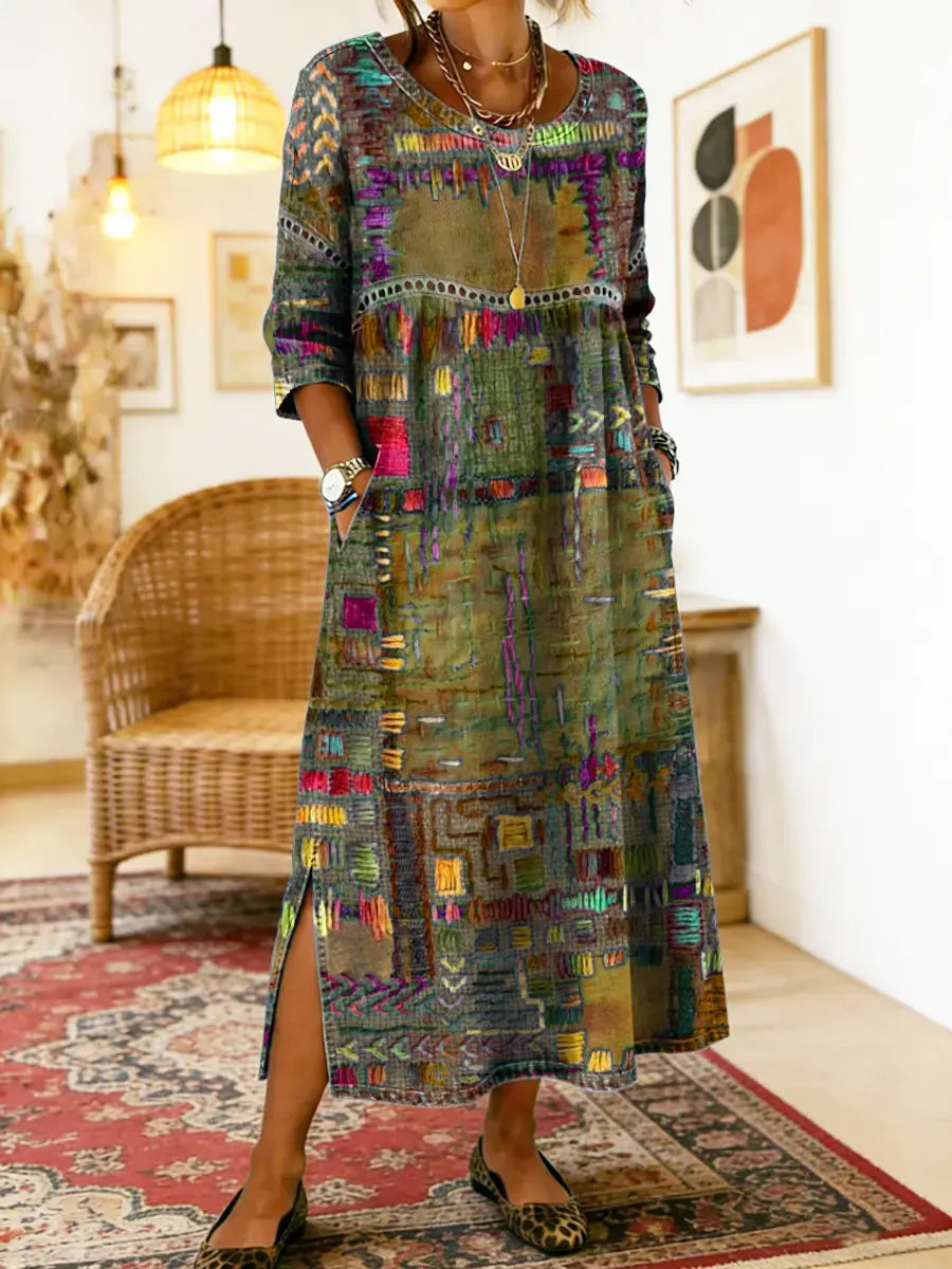 Sabine bohemian print maxi dress in khaki, full-length front view