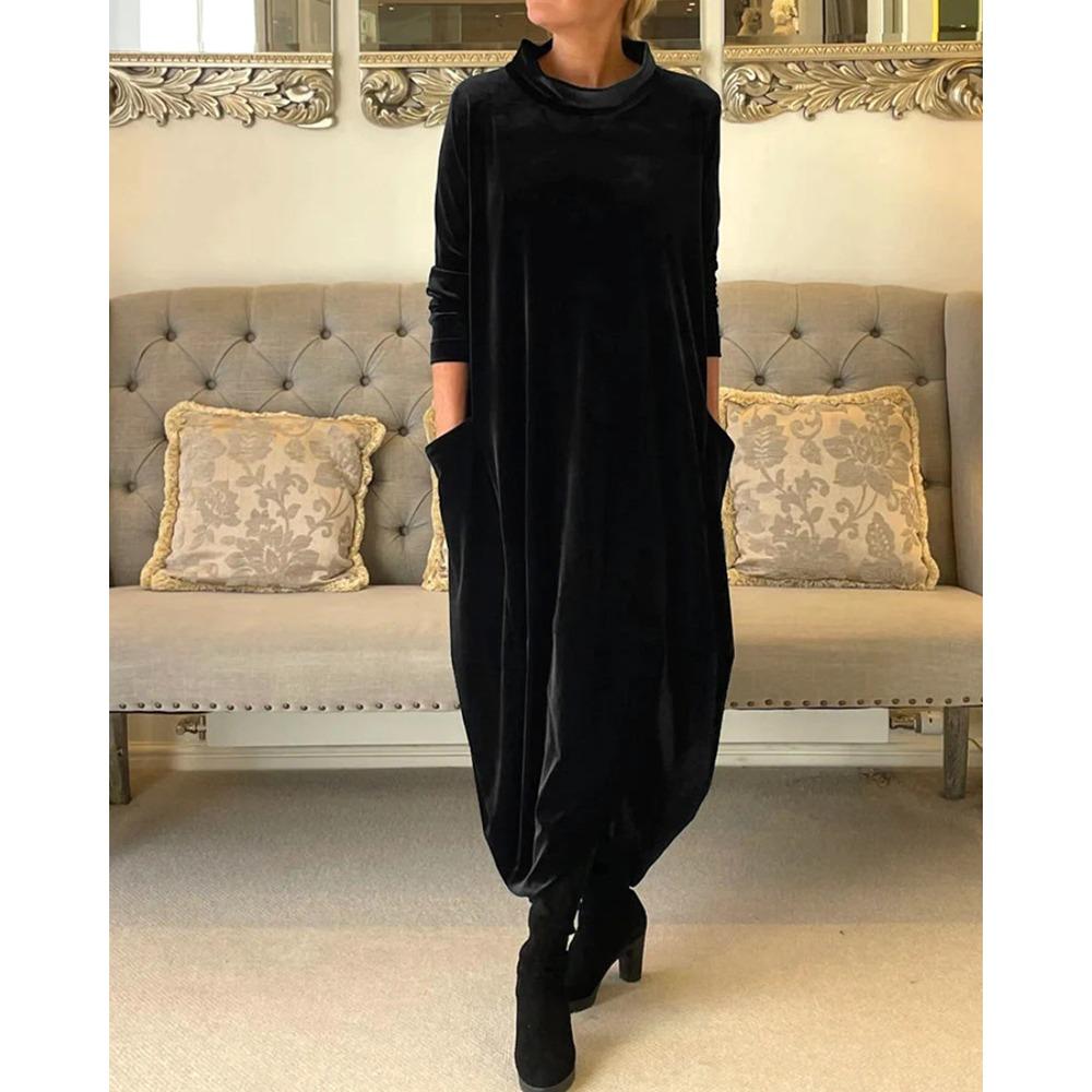 Hera velvet-feel turtleneck dress in black, full-length front view