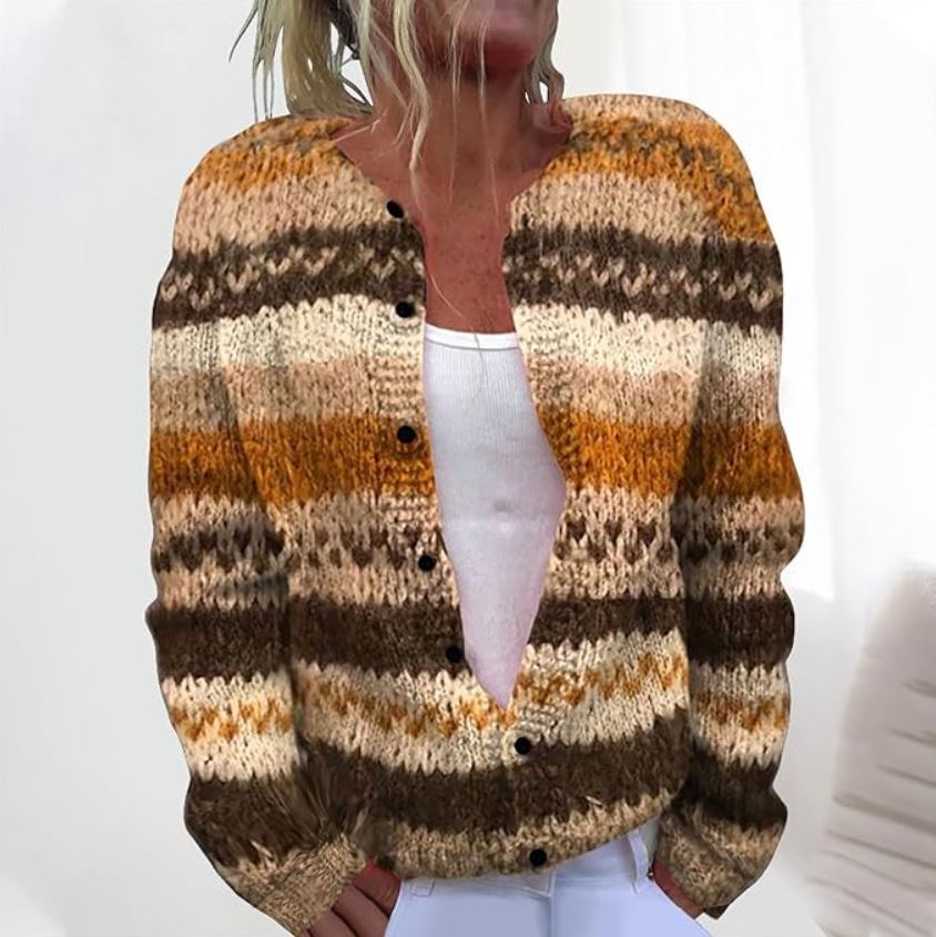 Tessa striped knit cardigan in brown and cream, close front view with button detail