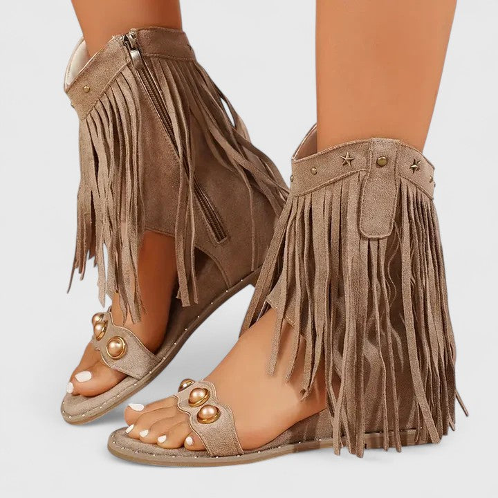 Giselina fringed sandals in khaki, worn front view
