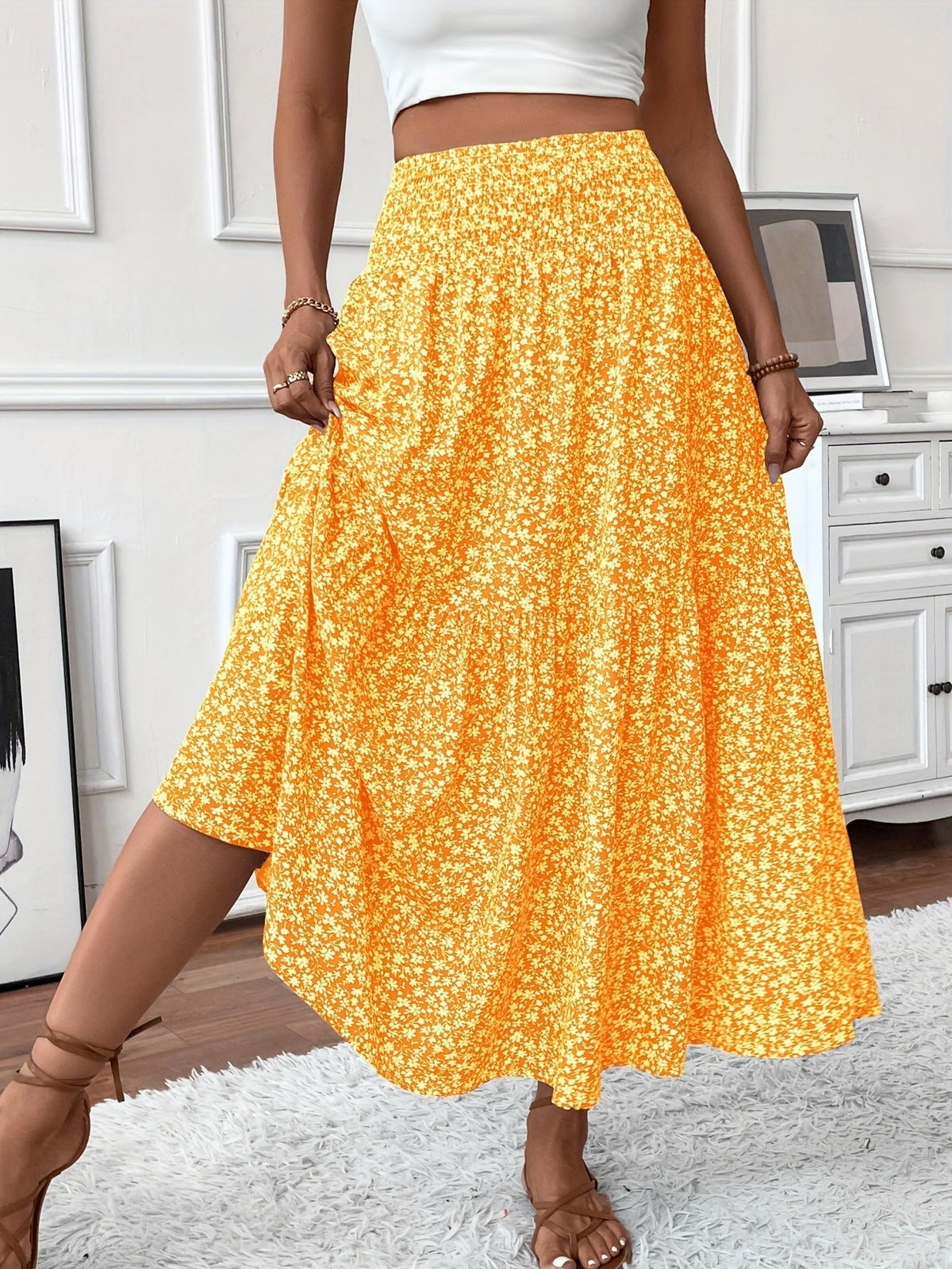 Tahlia tiered floral maxi skirt in orange, full-length front view
