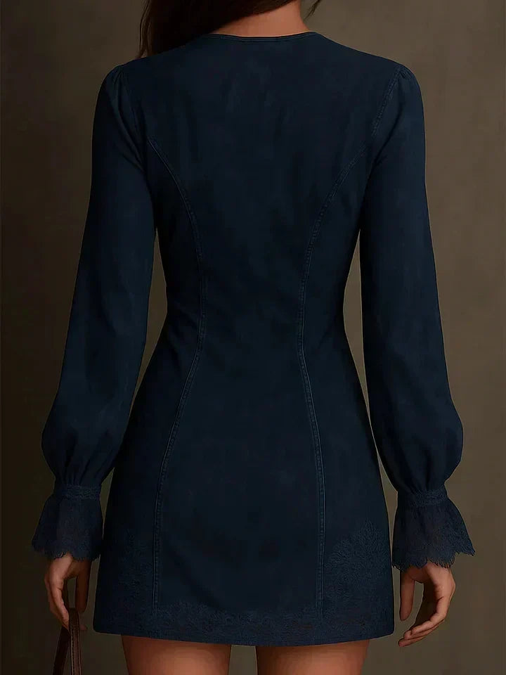 Melody mini dress in blue, back view showing waist-shaping seams
