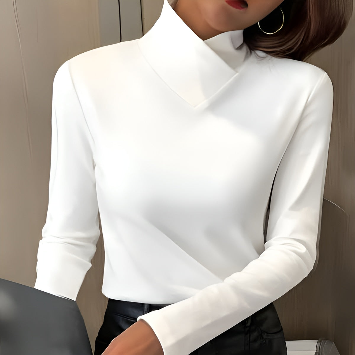 Lynova turtleneck sweater in white, front view on model
