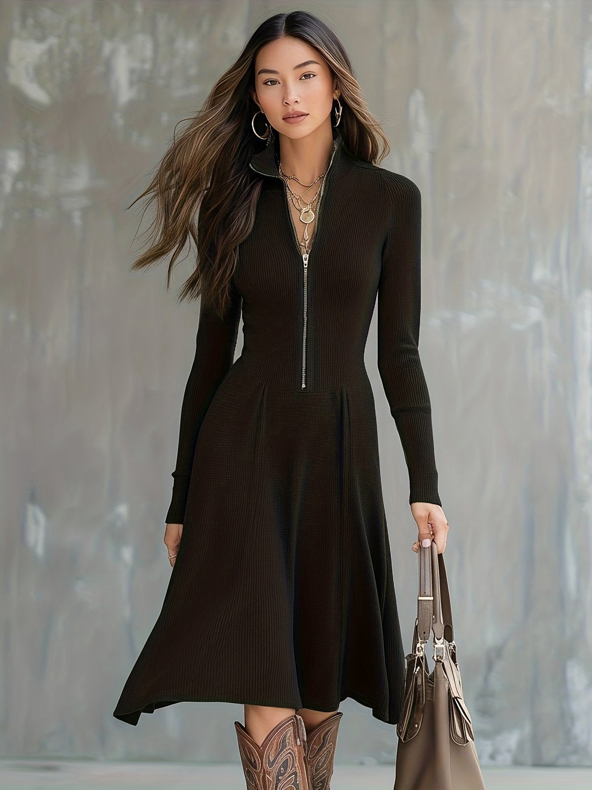 Zinnia zippered long sleeve dress in black, full-length styled with boots