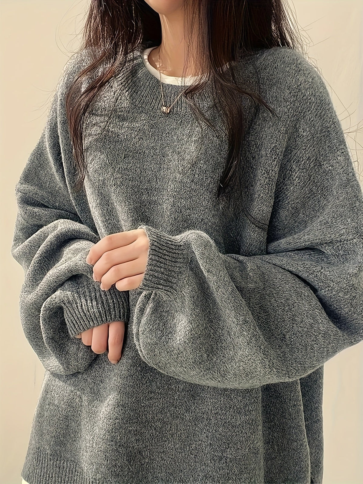 Everlight oversized sweater in dark grey, front detail view