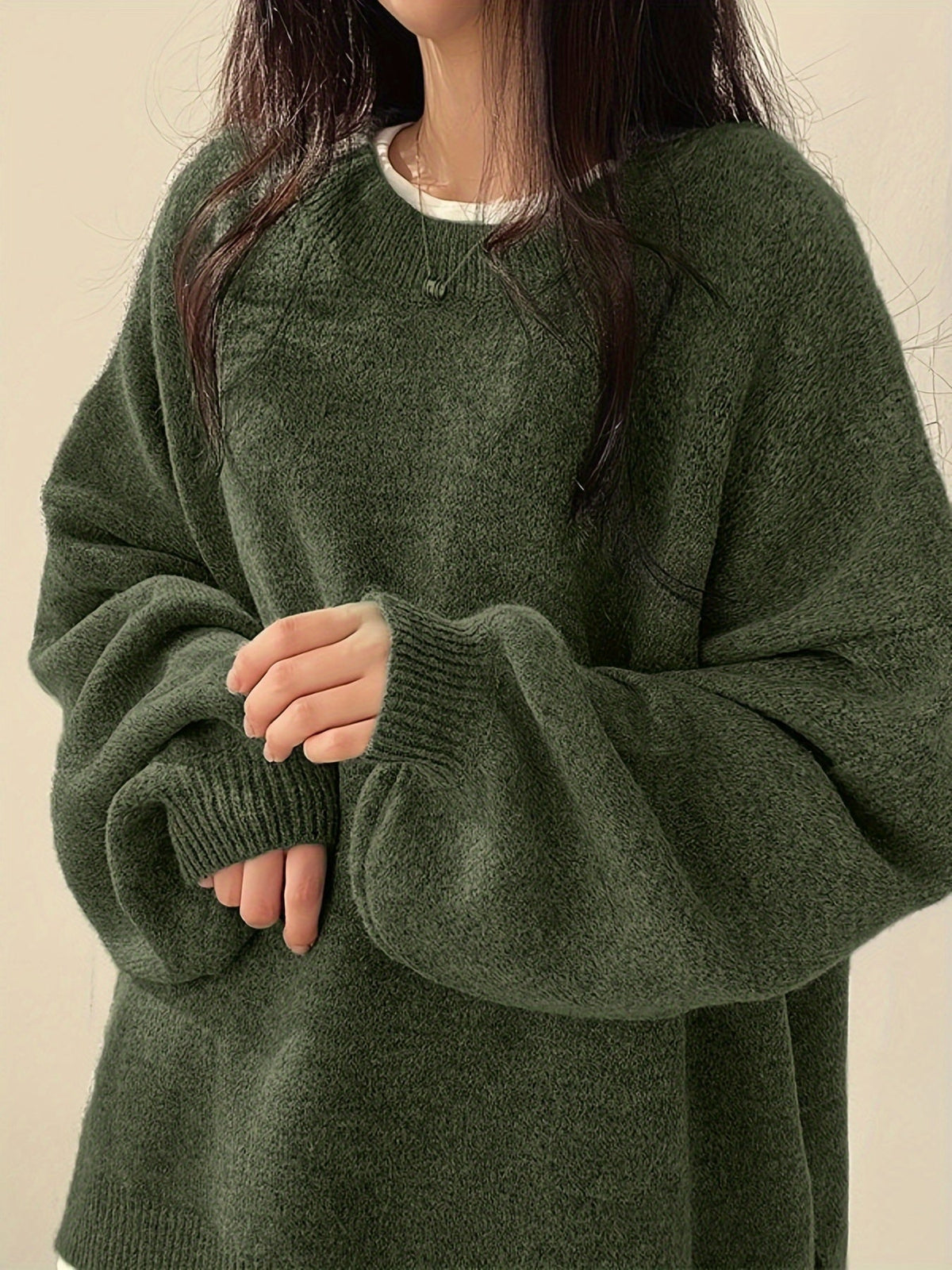 Everlight oversized sweater in olive green, sleeve and neckline detail
