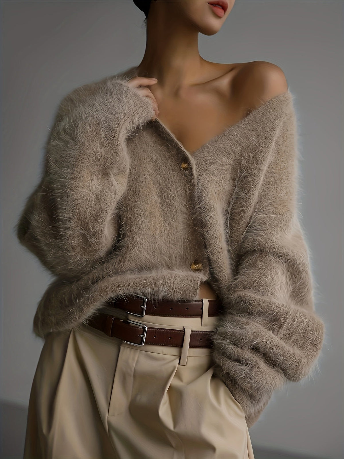 Seriavi V-neck cardigan in coffee, worn off one shoulder