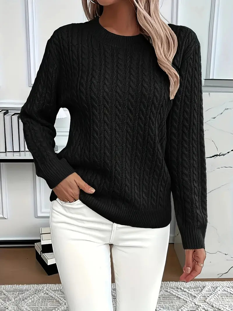 Bernila cable knit jumper in black, front view