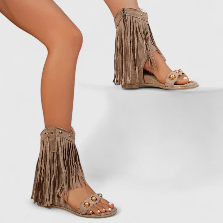 Giselina fringed sandals in khaki, worn side view