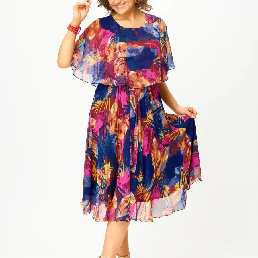Barbara flow dress with flutter cape sleeves, front view