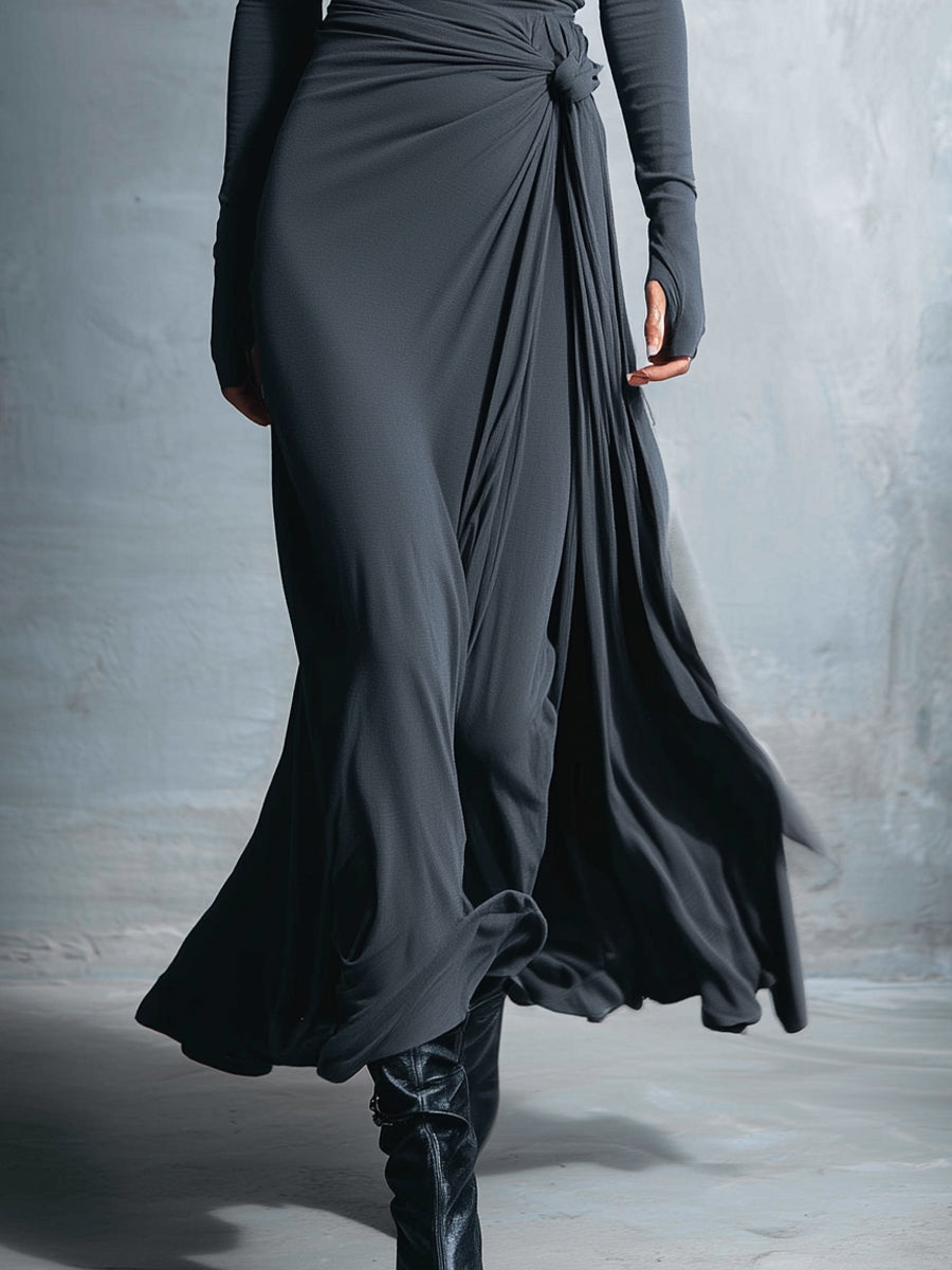 Yasmina maxi dress in grey, detail of draped skirt and hem