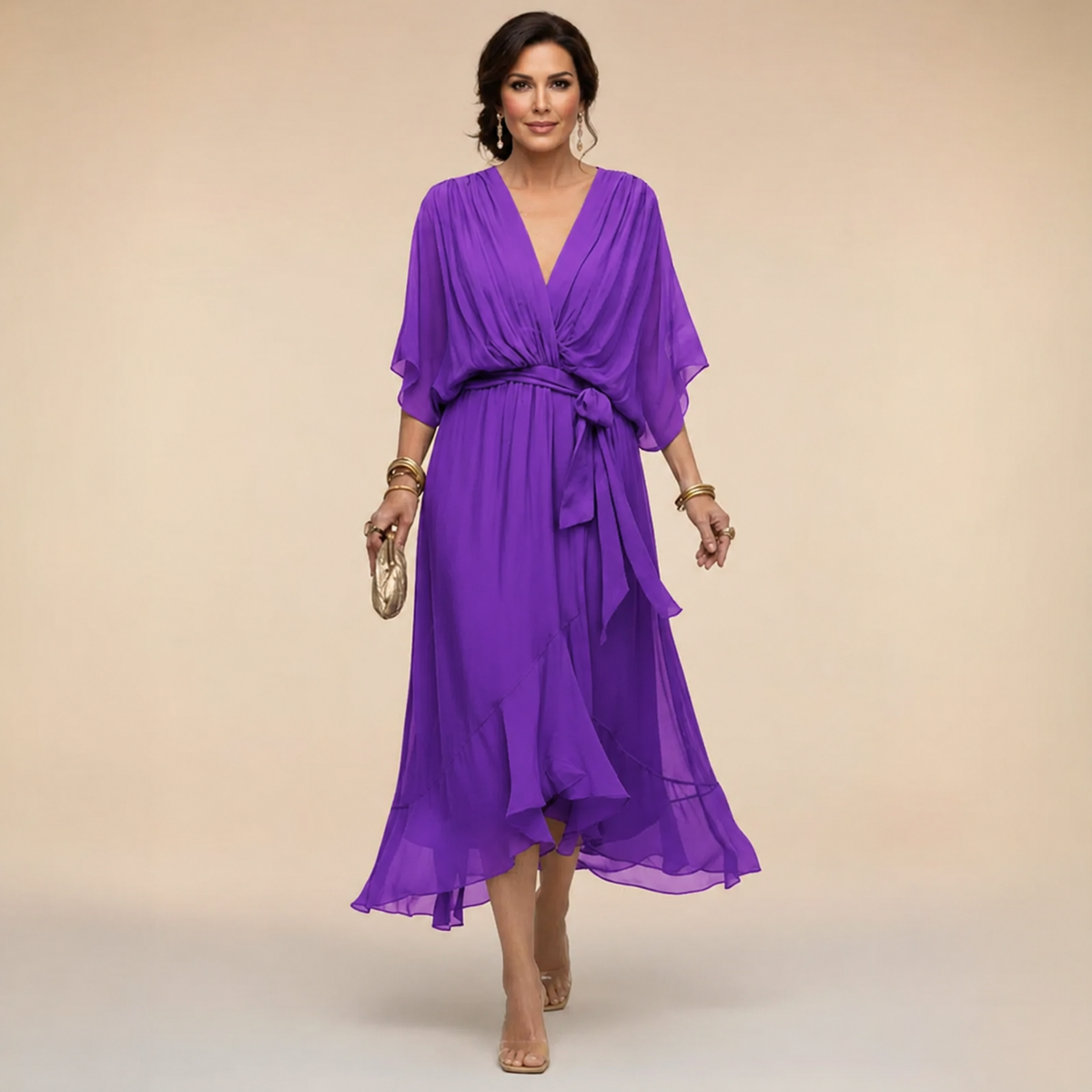 Monica wrap midi dress in purple, full-length front view