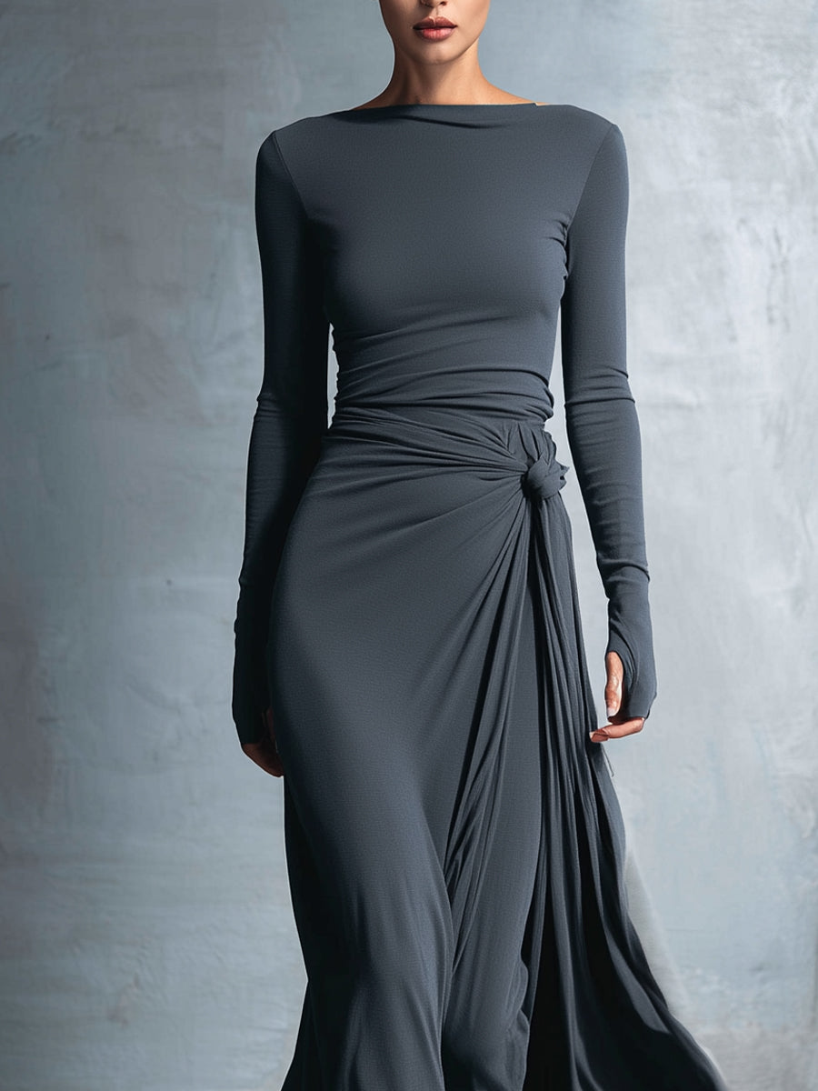 Yasmina maxi dress in grey, close-up of knotted side tie