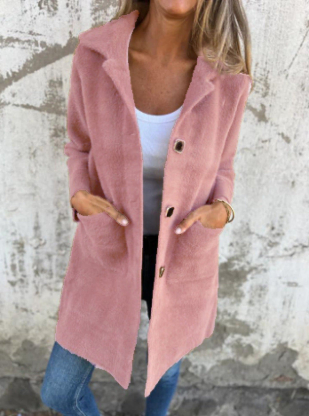 Morwenna long button coat in pink, front view with pockets