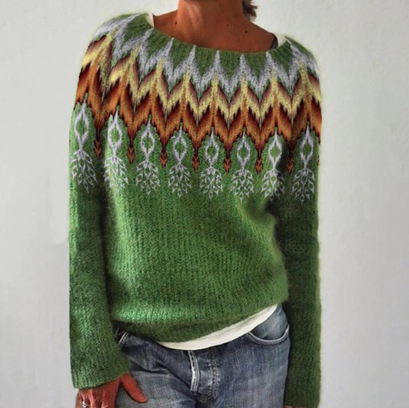 Juniper retro Scandinavian knitted sweater in green with patterned yoke, front view