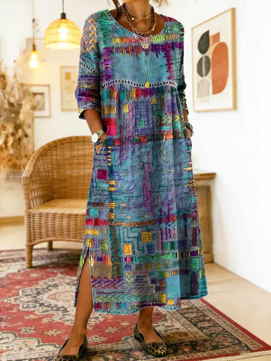 Sabine bohemian print maxi dress in teal blue, full-length front view