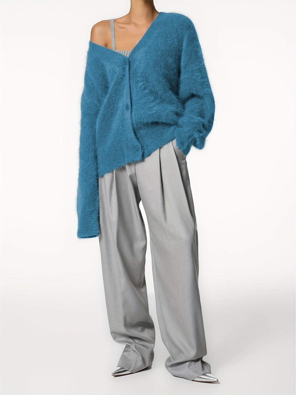 Seriavi V-neck cardigan in water lake blue, full-length styled view