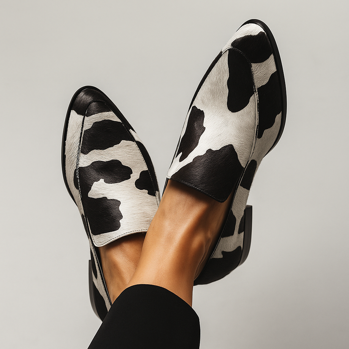 Josephine cow-print loafers, close-up of pointed toe and sole
