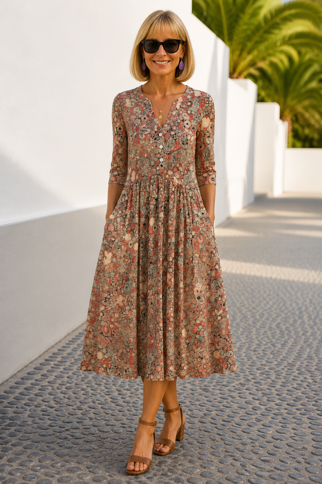 Constance V-neck printed midi dress in beige, full-length front view